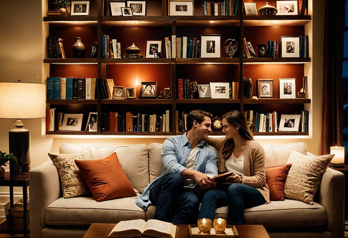 A warm, inviting living room scene with a couple sitting close together on a cozy sofa, sharing a heartfelt conversation. Soft lighting highlights the tender expressions on their faces, surrounded by personal mementos like family photos and keepsakes that represent their journey. A bookshelf filled with relationship books in the background adds depth to the theme of intimacy. super-realistic. warm colors. cozy atmosphere.