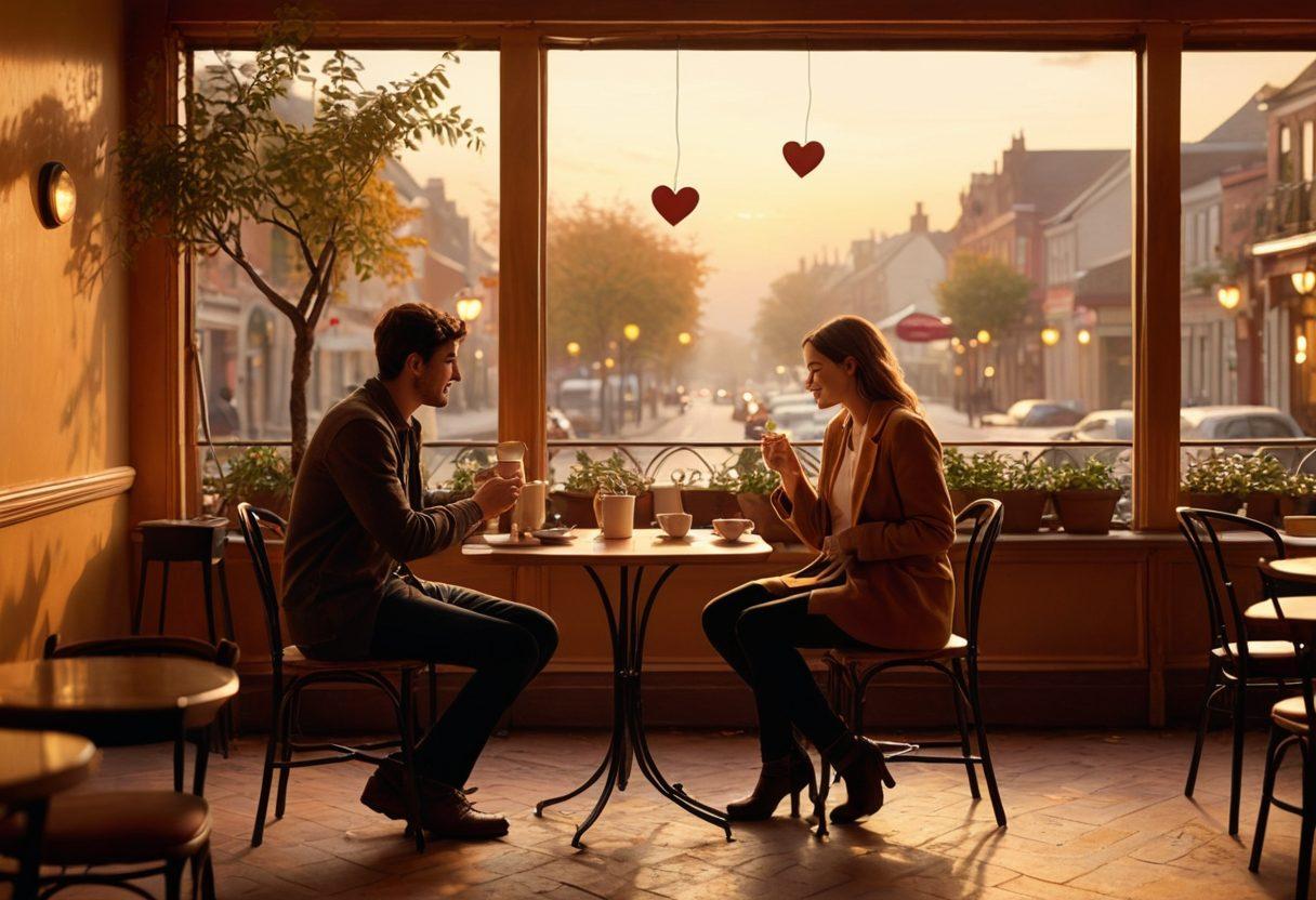 A cozy café setting with a couple engaged in deep conversation, surrounded by warm lighting and soft music notes floating in the air. A small table with a coffee cup and a heart-shaped dessert enhances the romantic atmosphere. In the background, silhouettes of other couples add depth to the scene, symbolizing community in romance. super-realistic. warm colors. soft focus.