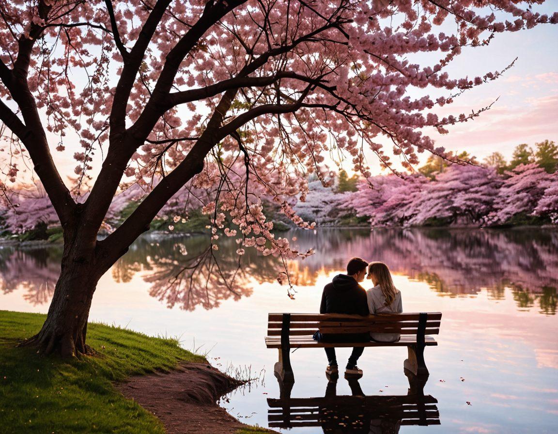 A beautiful scene depicting a couple sitting on a park bench, sharing an intimate moment under a blooming cherry blossom tree, surrounded by soft pink petals falling gently. The background features a serene lake reflecting the sunset, symbolizing romance and connection. Warm, inviting colors enhance the emotional vibe of the image. super-realistic. vibrant colors. soft focus.